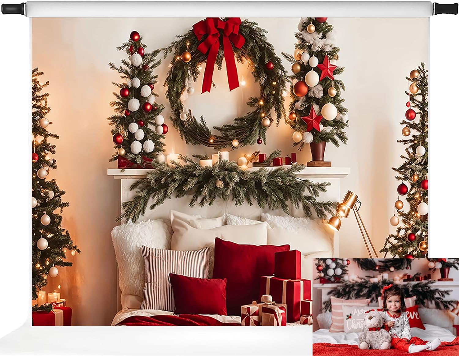 Kate Christmas Photography Backdrop Christmas Headboard Photo Background Xmas Tree Wreath Photoshoot Props, 7x5ft