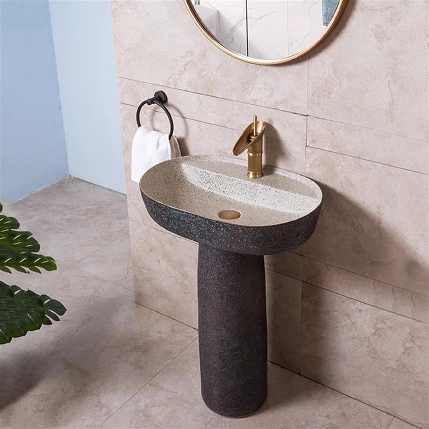 Industrial Style Ceramic Pedestal Sink 2-Piece Floor Standing Vanity Basin, Frosted Finish Bathroom Vessel Sink with Single Faucet,2,2