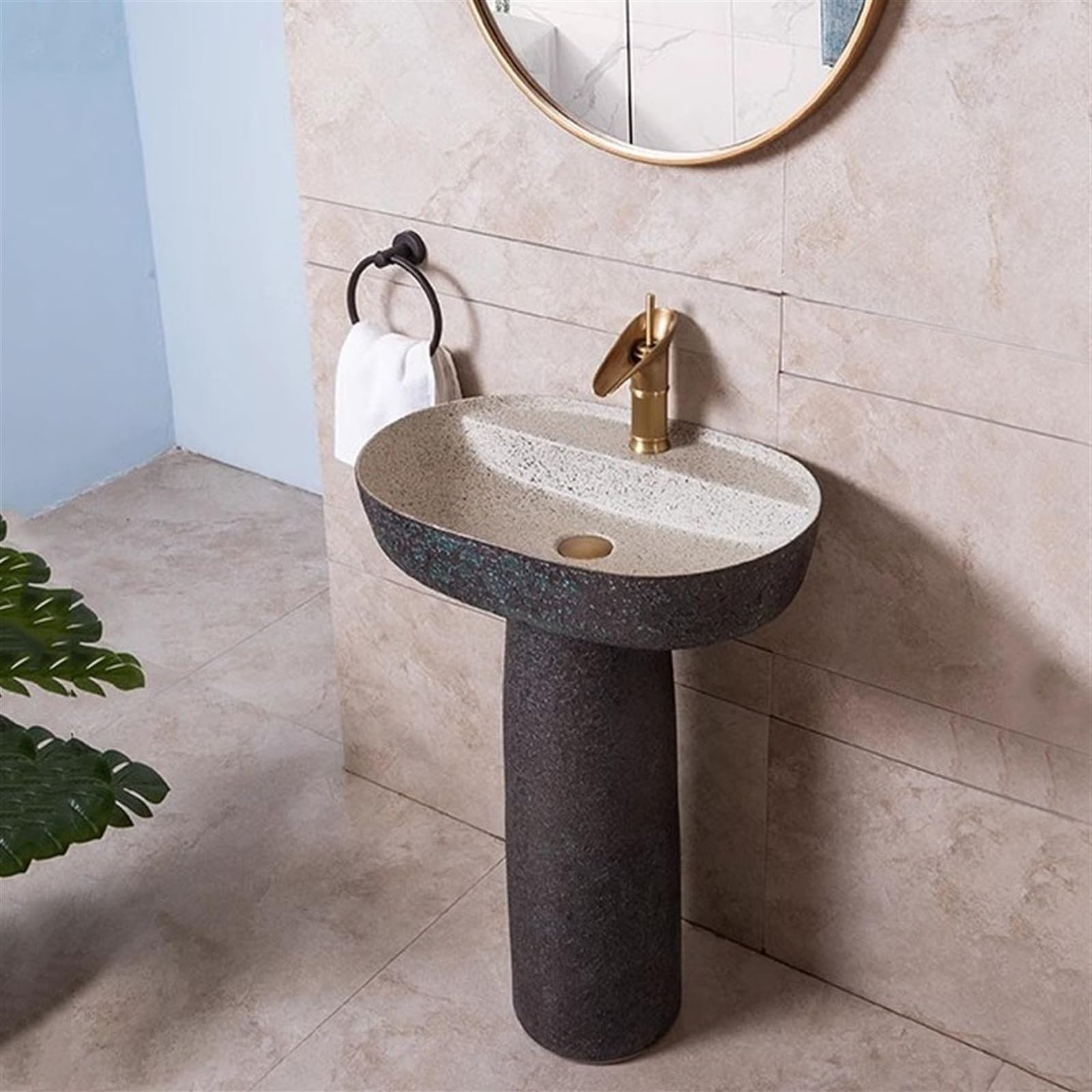 Cokół umywalka ceramiczna umywalka, 2-częściowa umywalka stojąca, styl przemysłowy matowa podstawa umywalka łazienkowa z pojedynczym otworem na baterię umywalka stojąca, 2