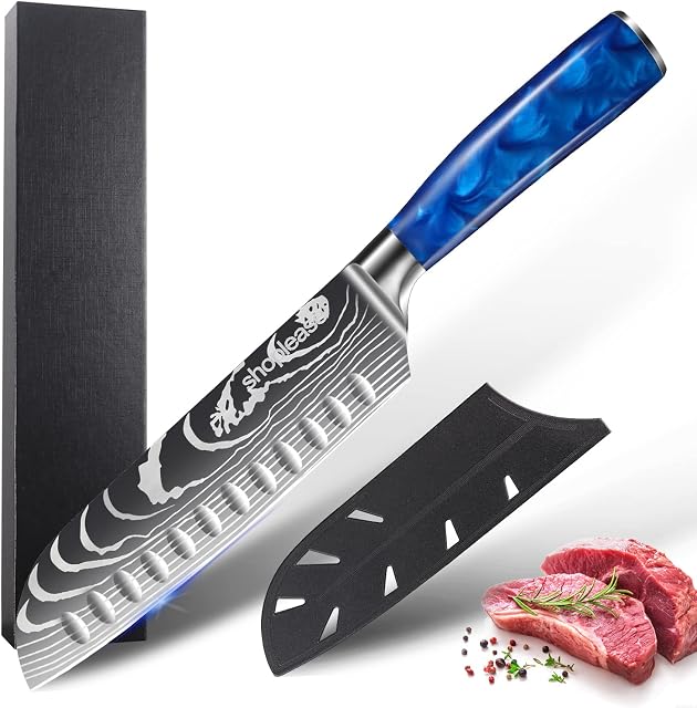shoplease Santoku Knife, 7 inch Professional Kitchen Knives - German High Carbon Stainless Steel - Razor Sharp- Ergonomic Handle, Best for Home Kitchen and Restaurant