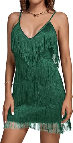 Umenlele Women's Deep V Neck Cami Mini Dress Sleeveless Layered Fringe Tassel Fl