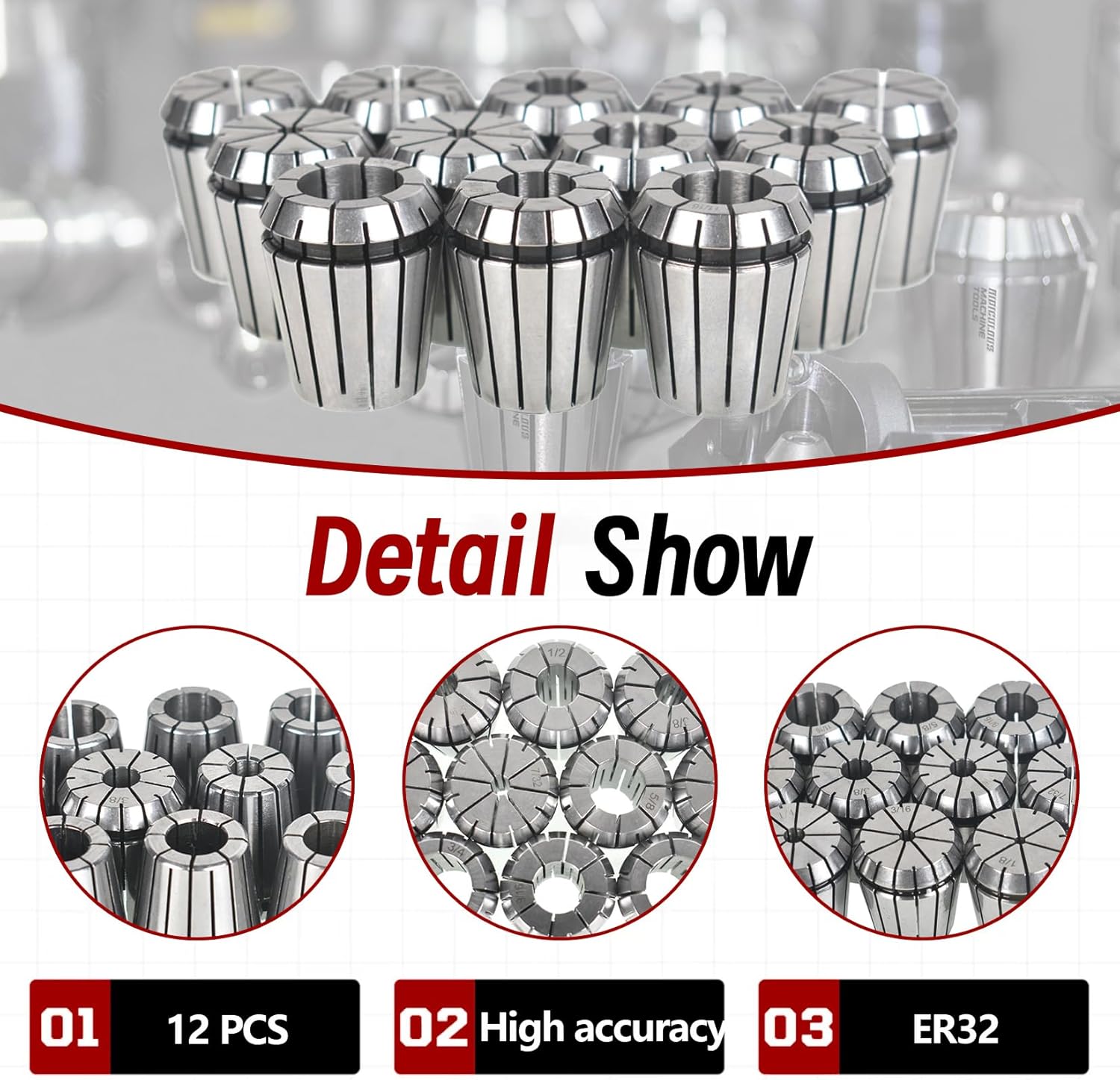 findmall Super Accuracy 12 Pcs 1/8"-3/4" ER32 ER-32 Collets Set With 9/16 5/8 11/16