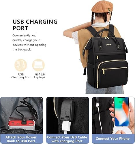 Miniatura 4 de Mochila para laptop de mujer, para trabajo - Compatible con laptops de 15.6 pulgadas con compartimento para computadora, impermeable, profesional,