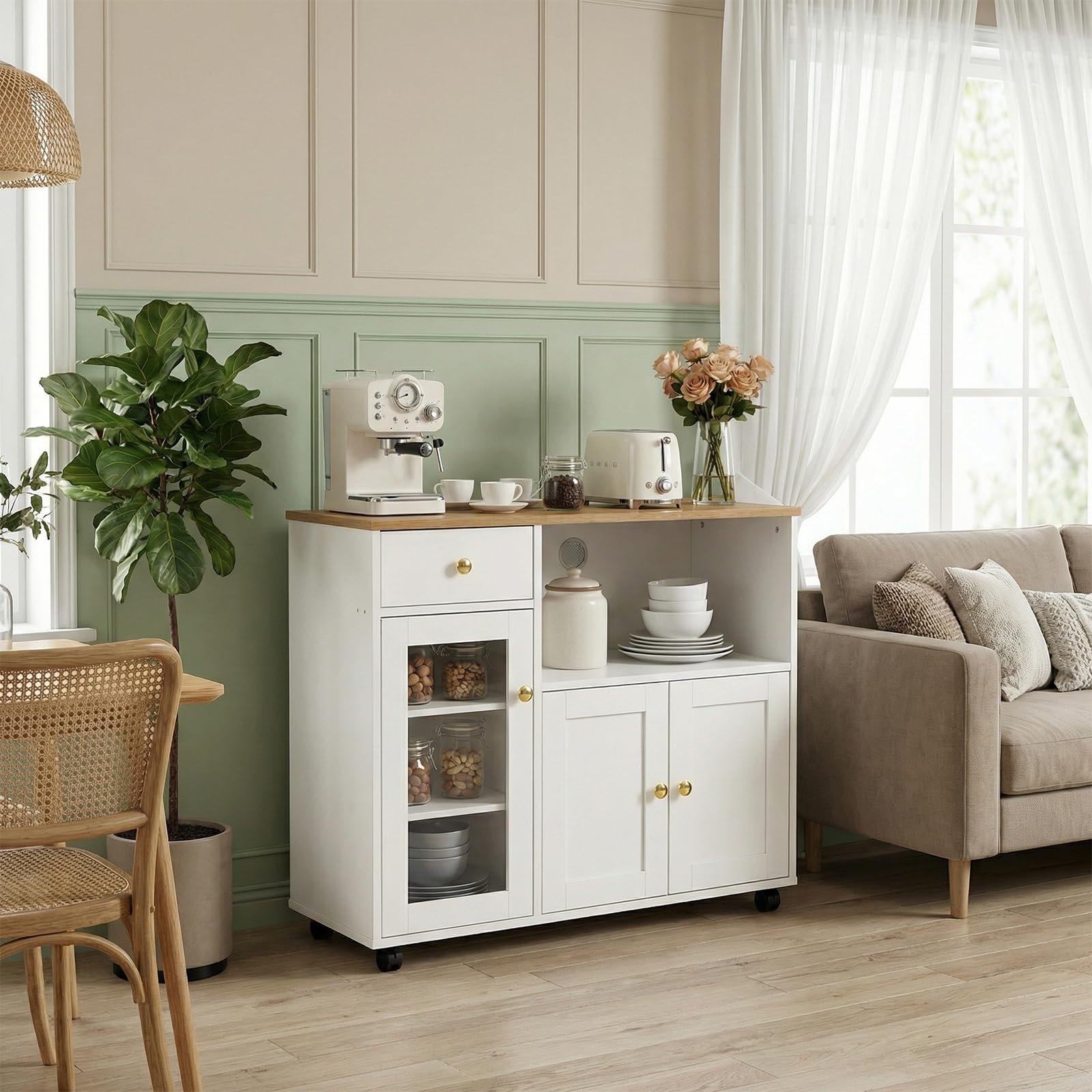 Küchenschrank mit Arbeitsplatte, Buffetschrank, Sideboard Küche mit Mikrowellenregal, Verstellbare Ablagen, für Küche, Esszimmer, Wohnzimmer, Weiß, 90 x 40 x 81.5 cm
