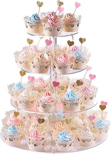 Cupcake Stand, 4-Tier Round Acrylic Cupcake Display Stand Dessert Tower Pastry Stand for Wedding Birthday Theme Party- 15.7 Inches (Transparent)