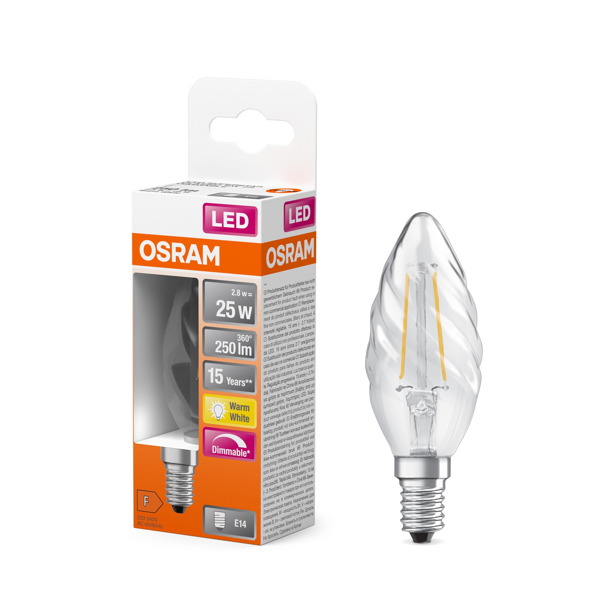 Ampoule LED E14 Osram à filament bougie en verre transparent premium