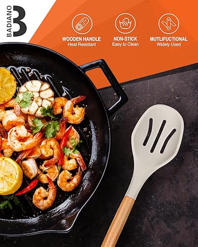 Miniatura 7 de Cucharas de cocina de silicona grandes, paquete de 2 cucharas antiadherentes con mango de madera maciza y ranurada, cucharas de cocina de silicona