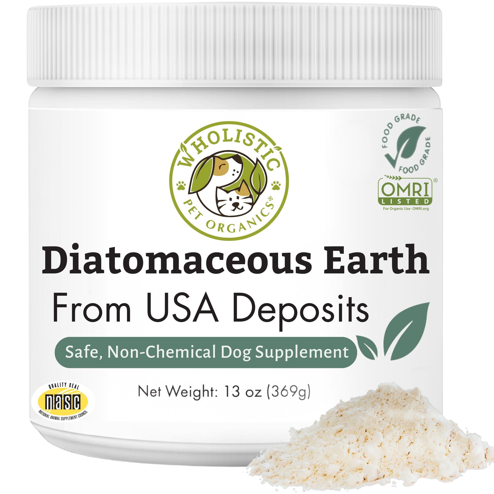 Wholistic Pet Organics Diatomaceous Earth - Food Grade for Dogs & Cats - 13 Oz - Multi Use Powder - Pet Safe Non-Chemical Freshwater Sourced Silica Supports Overall Health - Freshly Made in USA