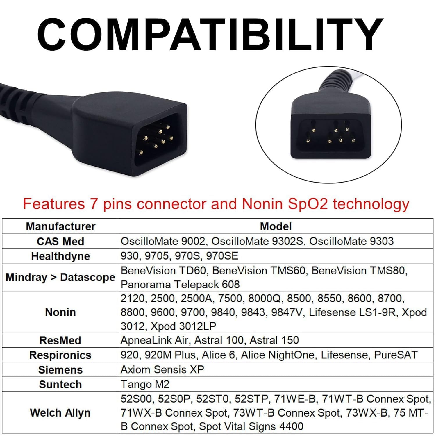skmeditec SpO2-Sensor kompatibel mit Nonin Direct Connect-Kabel, 9,8 Fuß Clip-Sonde mit 7-poligem Anschluss, Ersatzkabel