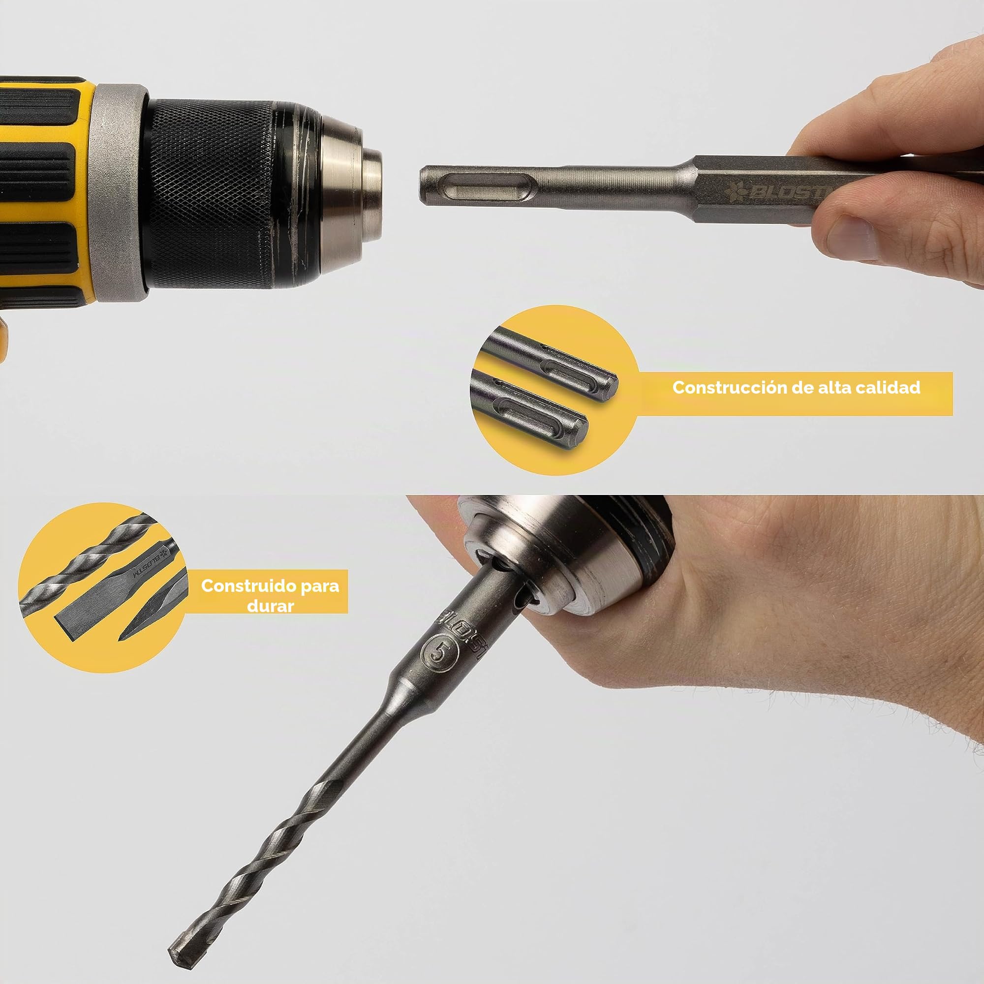 BLOSTM Juego de brocas SDS Plus de 17 piezas - Brocas de cincel SDS y brocas de martillo con estuche de almacenamiento compacto para hormigón, baldosas, ladrillos y más