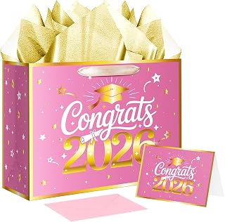 XiaosRen Large Graduation Gift Bag, Congrats 2026 Gift Bag with Tissue Papers and Card for College, Class of 2026 Graduate Party Decor Supplies (Pink,Gold)