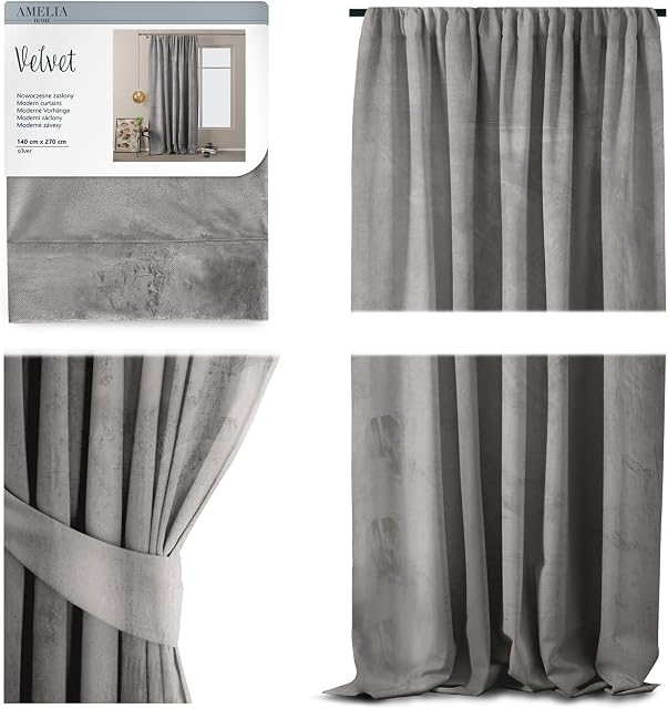 AmeliaHome Zasłona o wyglądzie aksamitu 140 x 270 cm stal 1 szt. taśma marszcząca aksamitna zasłona zaciemniająca dekoracja okna lekko połyskująca zasłona dekoracyjna zasłona