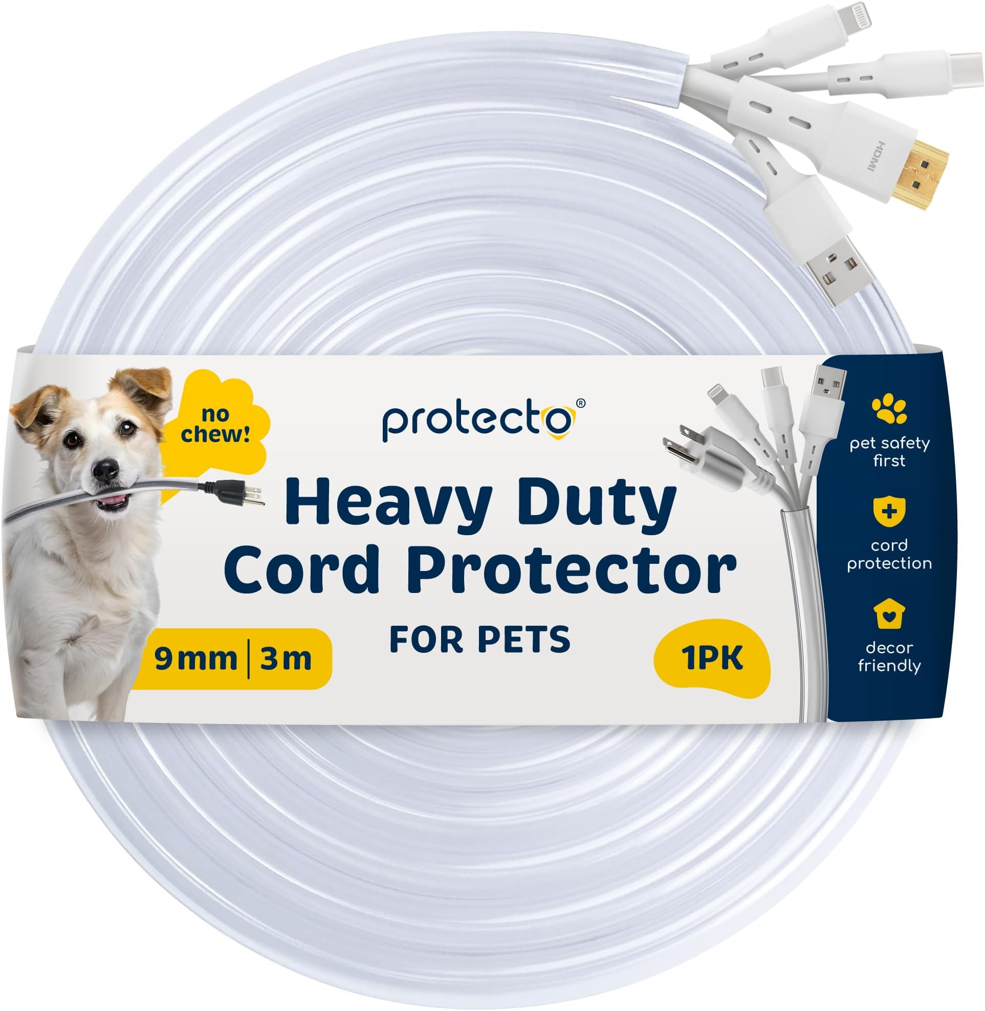 PROTECTO Wire Protector from Pets, Clear Cable Sleeve Animal Proof, 3m Odor-Free Cat & Dog Chew Resistant Floor Cable Cover, Plastic Cord Organiser for Power, Lightning, RCA & HDMI Cables