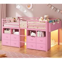 ADORNEVE Low Loft Bed Twin Size with 8 Storage Drawers, Twin Loft Bed with Bookcase and LED Lights, Metal Kids Loft Bed with 14" H Safety Guardrail, Under-Bed Play Space, No Box Spring Needed, Pink