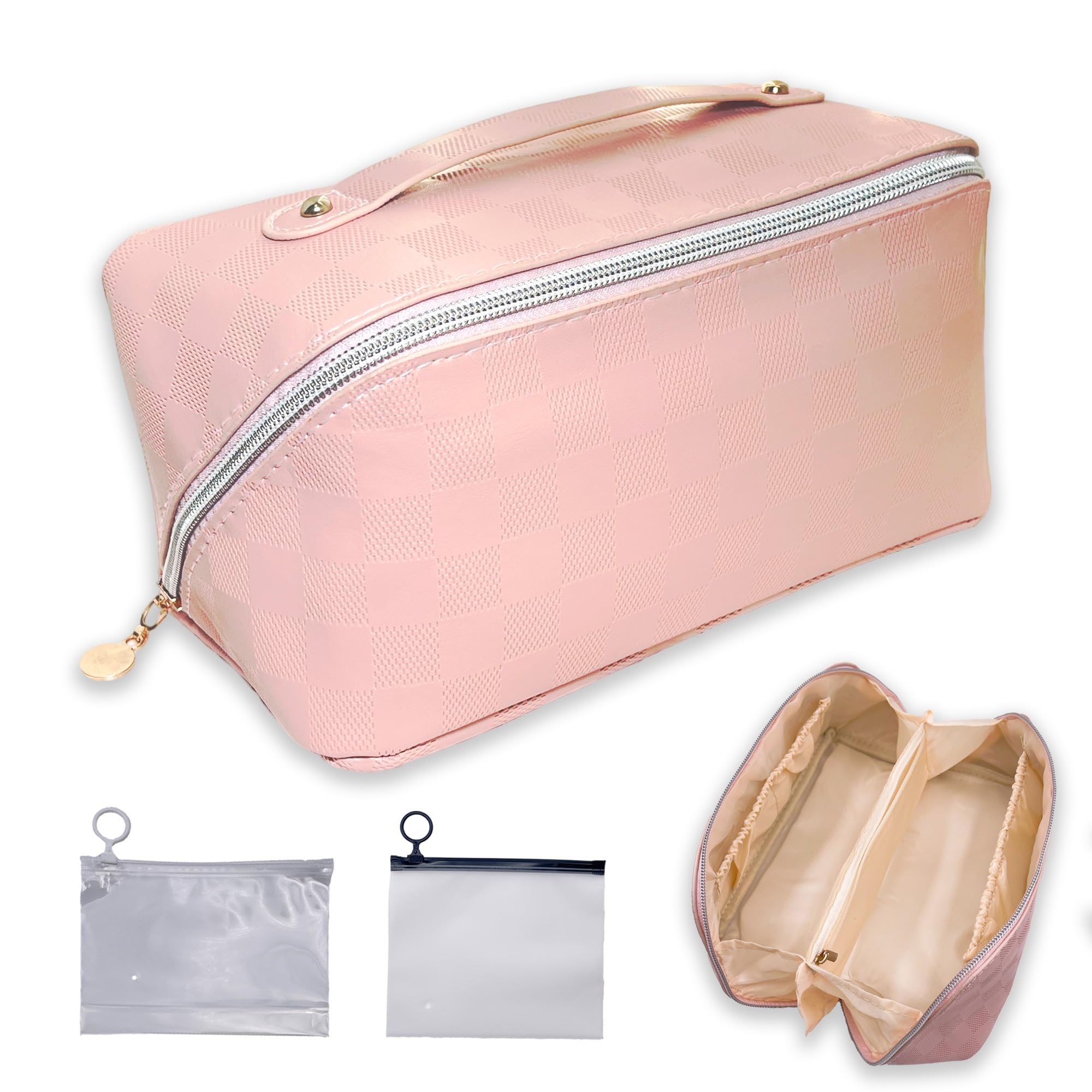 Reise-Make-up-Tasche, Kosmetik-Organizer mit breiter Öffnung und Trennwand, Kulturbeutel aus PU-Leder mit 2 Mini-Aufbewahrungstaschen, Pink, Kosmetik-Organizer mit mehreren Fächern und breiter
