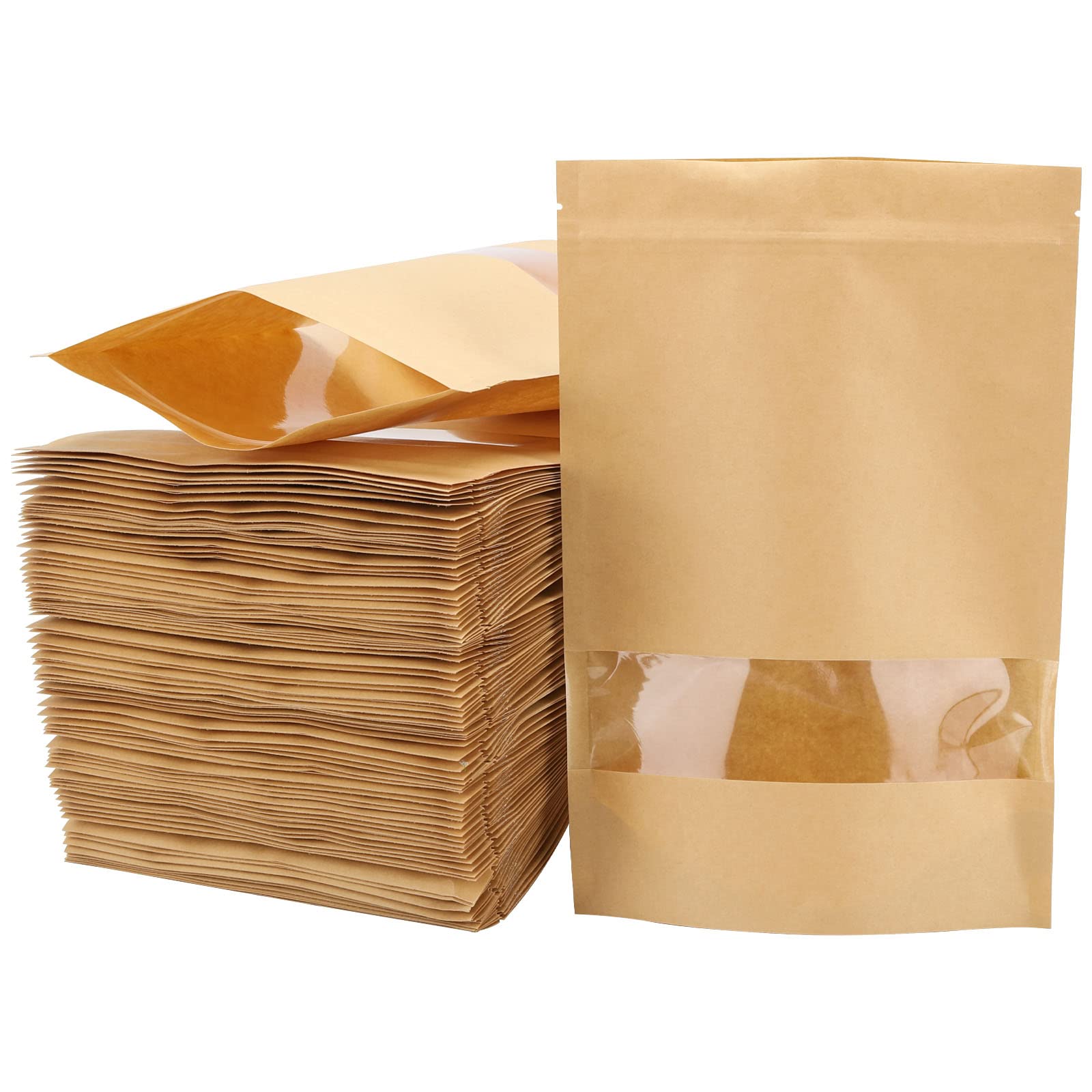 Tecbeauty 100pcs Kraft Paper Stand Up Pouches Zipper Lock Resealable Food Storage Bags with Window for Packing Cookies, Dog Treats (7 x 10inch)