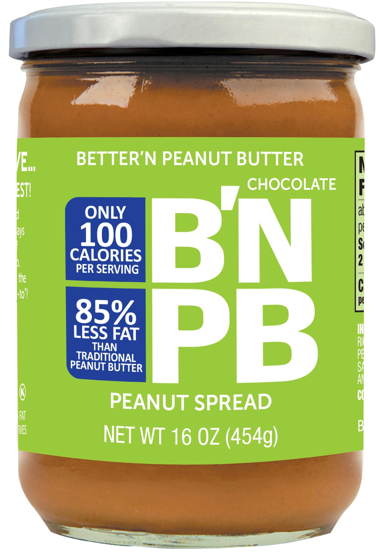 Low Fat Chocolate Peanut Butter Spread by Better’n Peanut Butter, Creamy Low-Calorie Peanut Spread with No Saturated Fat, Gluten Free, Dairy Free, Non GMO, Kosher, 16 oz. Glass Jars