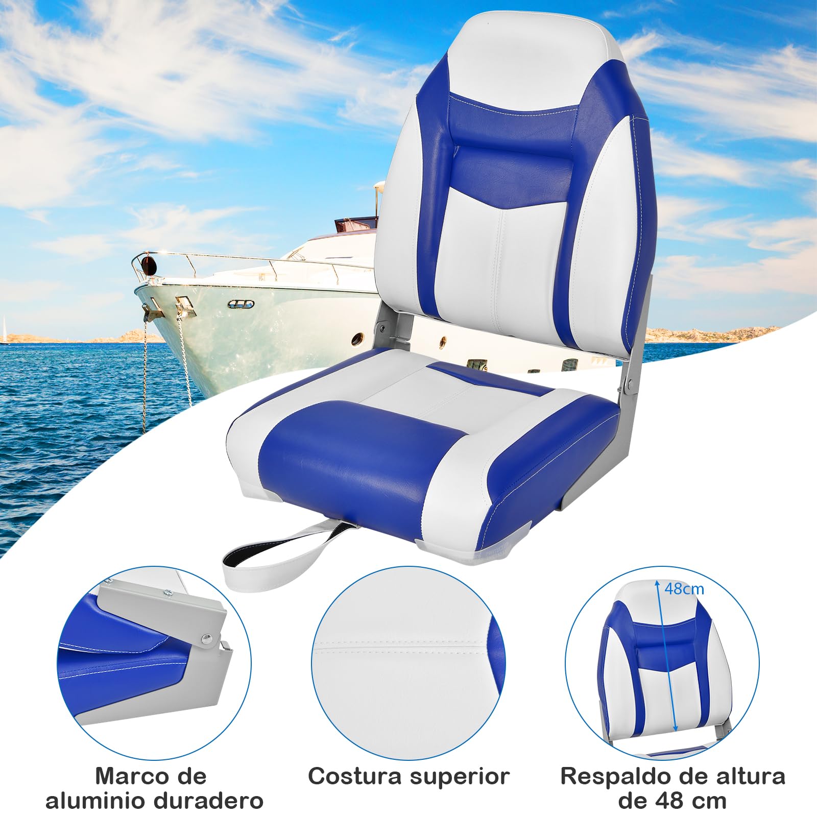COSTWAY Asiento de Barco Plegable con Respaldo Alto, Asientos Barco con Cojín Acolchado Suave, Asiento de Capitán Plegable, 42 x 50 x 51 cm (azul, 1)