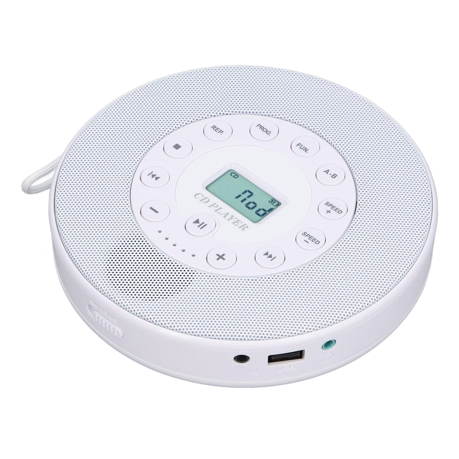 Greensen Lettore CD Portatile, Lettore CD Bluetooth ABS con Altoparlante Integrato, Batteria Ricaricabile da 2000 MAh, Uscita da 3,5 Mm, Riproduzione MP3 USB per Ascolto in Auto e a Casa (WHITE)