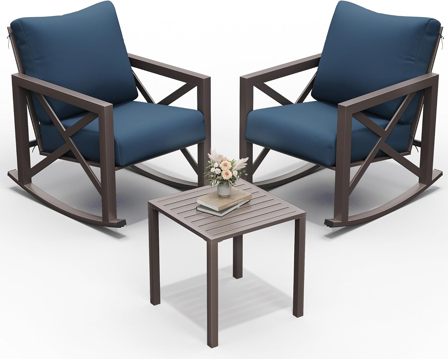 UDPATIO Rocking Chair Outdoor Set 2 with Coffee Table, 3 Piece Metal Rocking Bistro Set with 6.5" Water-Resistant Cushions, Oversized, 350lbs Heavy-Duty, for Porch, Patio, Balcony, Navy