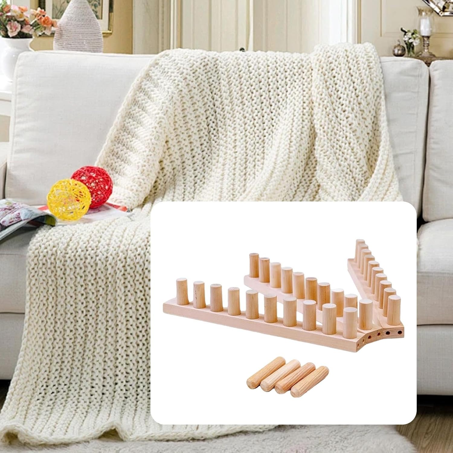 Wooden Knitting Loom for Chunky Blankets, 46 Inches, 3 Sections, Adjustable Size, Beginner Friendly