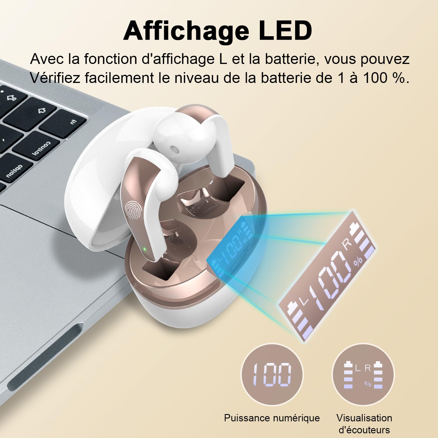 BESNOOW Ecouteurs Bluetooth sans Fil, Écouteurs Bluetooth 5.3 Oreillette Bluetooth Basses Immersives avec 4 ENC Mic, Casque Bluetooth sans Fil 40H avec Écran LED, Or Blanc
