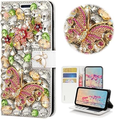 STENES Bling Wallet Phone Case Compatible with Nokia G400 5G Case - Stylish - 3D Handmade Crystal Flower Floral Butterfly Magnetic Wallet Stand Girls Women Leather Cover - Green