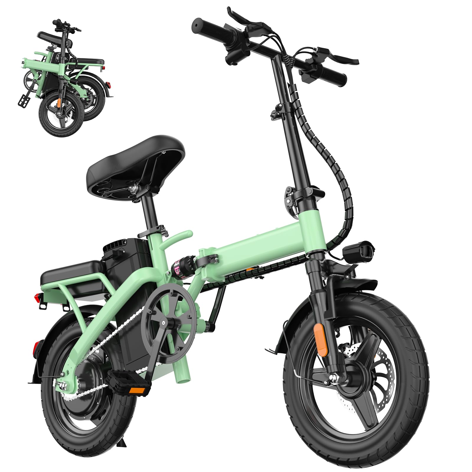 Electric Bike for Teens, 14" Folding Ebike with 500W Peak Motor, Foldable Electric Bicycle with 48V Removable Battery UL 2849 Certified, Commuter Mini E-bike with 20MPH, 30 Miles PAS Rangs (Green)