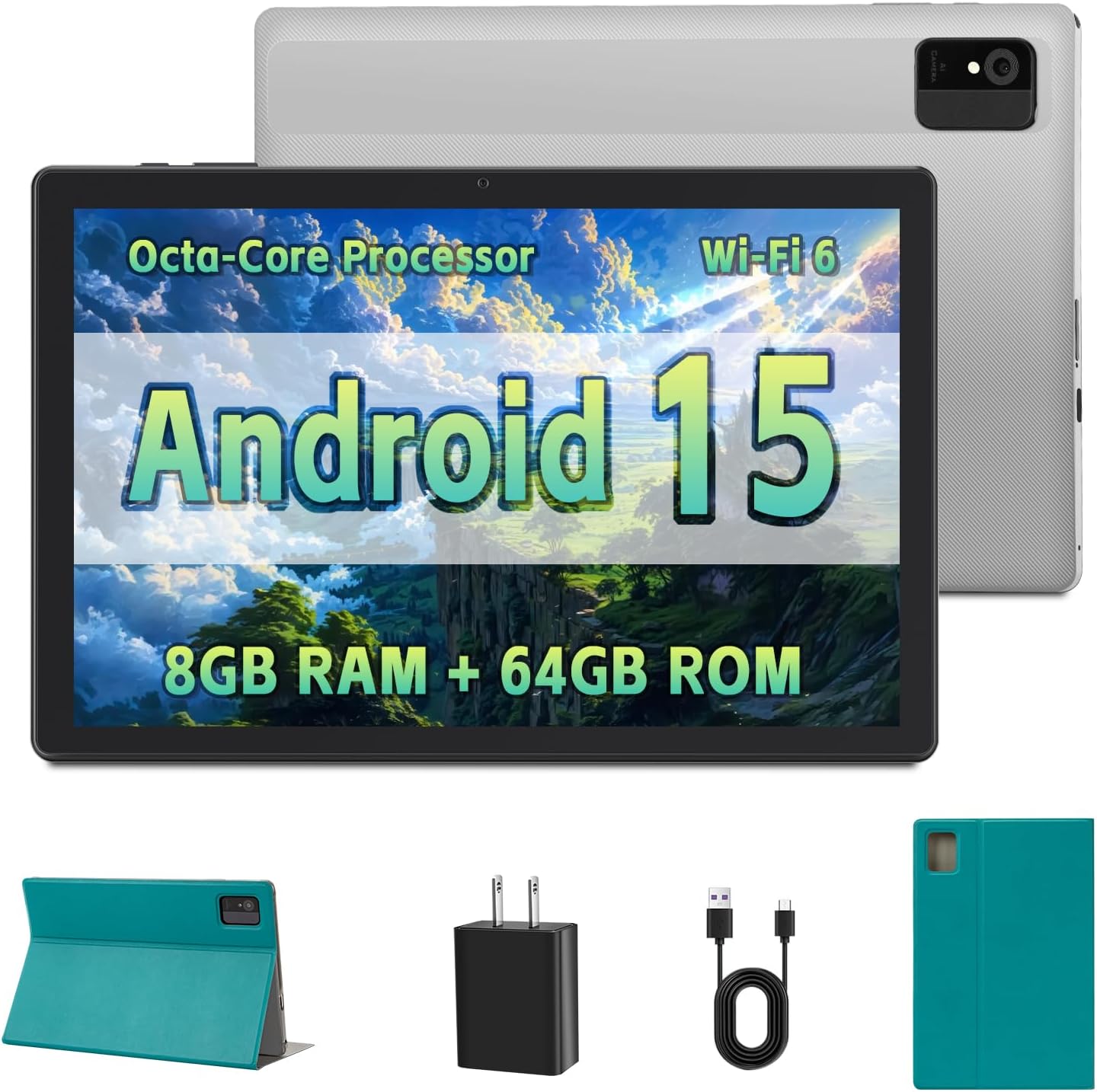 10 inch Tablet - Android 15 Tablet for Adults - Google Tablet Computer with HD IPS Touch Display, Octa-Core, 8GB RAM 64GB ROM, 512GB Expand, Wi-Fi 6 (2.4G + 5G), Dual Camera, 5000mAh Battery - Silver