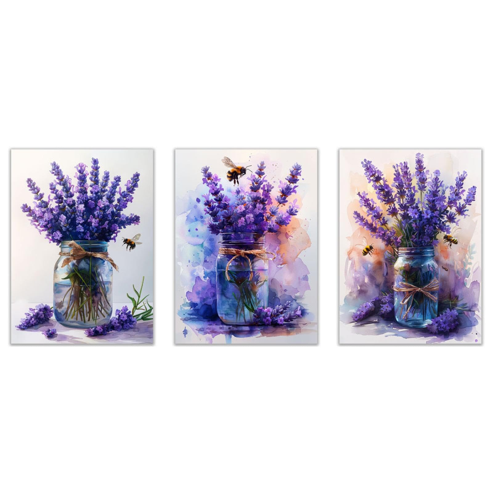 JOSUE Set Of 3 Watercolor Wall Art Minimalist Flowers Canvas Bedroom Wall Art,Purple,grey Pictures Living Room Painting Bedroom Artwork-20x30cmx3 Unframed