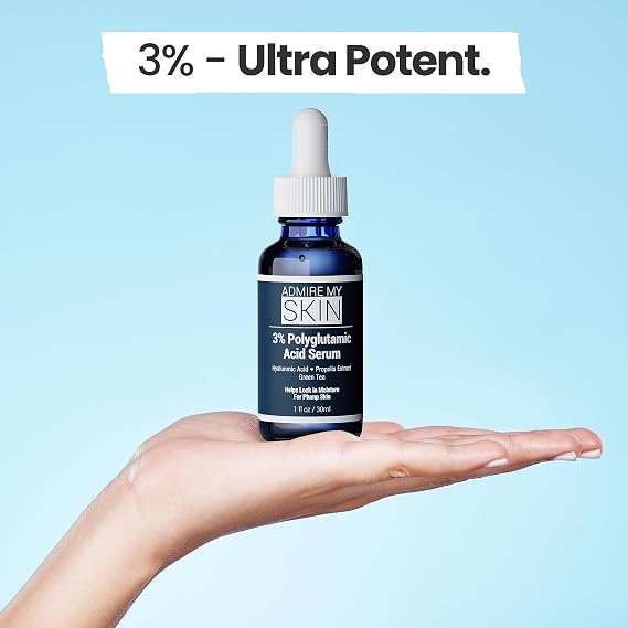 Admire My Skin Organic Polyglutamic Acid Facial Serum - Powerful Hydration & Anti Aging + Hyaluronic Acid + Propolis 1oz