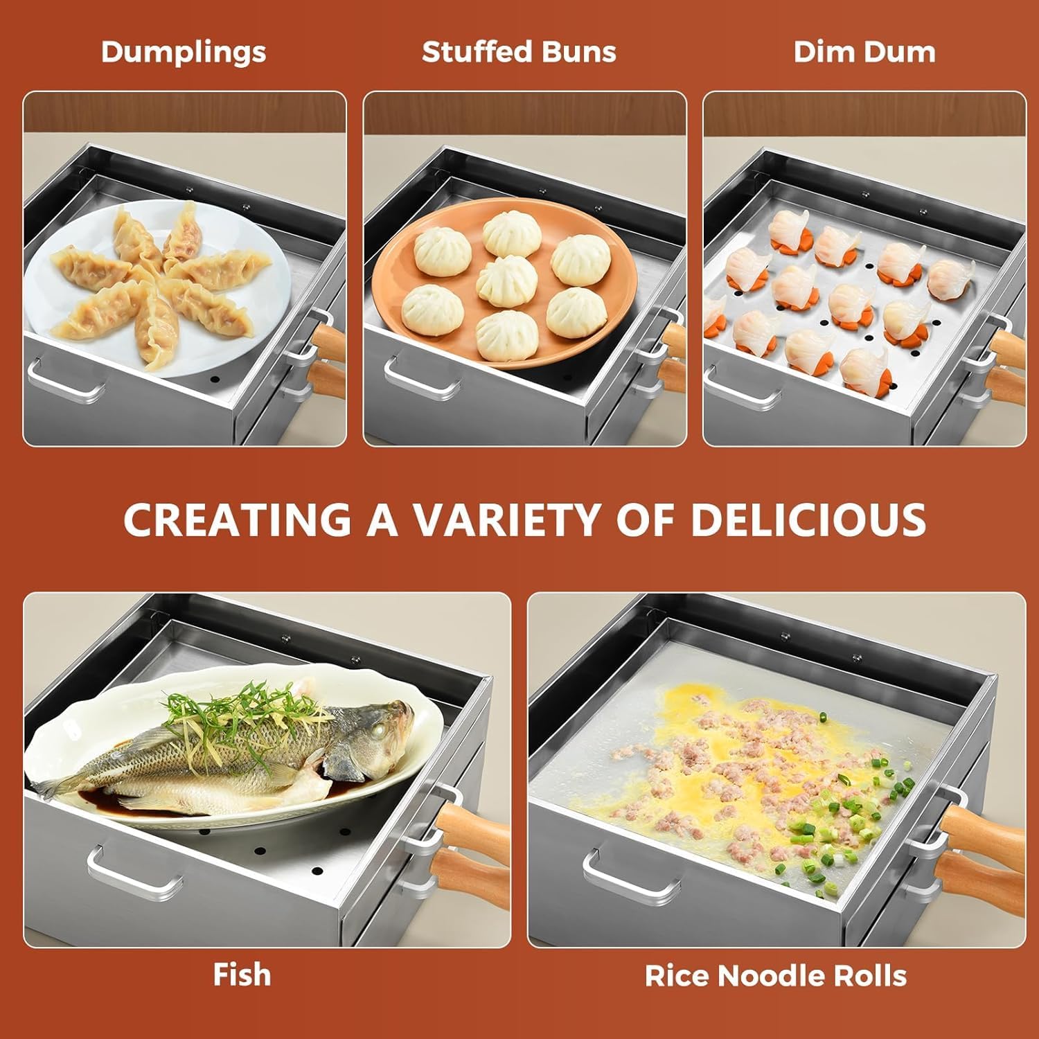 Rice Roll Steamer Machine, Lid Open Cantonese Stainless Steel 2-Layer Noodles Roll Food Steamer with Extra Holed Steam Tray with Long Wooden Handle, Steam Rice Noodle Maker for Commercial & Home Use