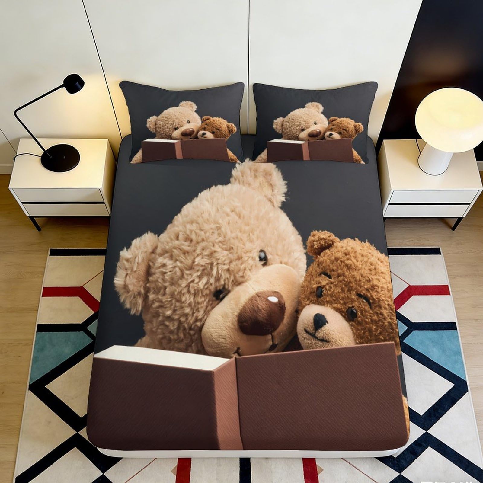 3D Printed Teddy Bears Fitted Sheet Microfiber Soft Breathable Reading Bears Mattress Cover for Bedroom Dormitory Guest Room Mattress Protection Decor 200x200x25cm