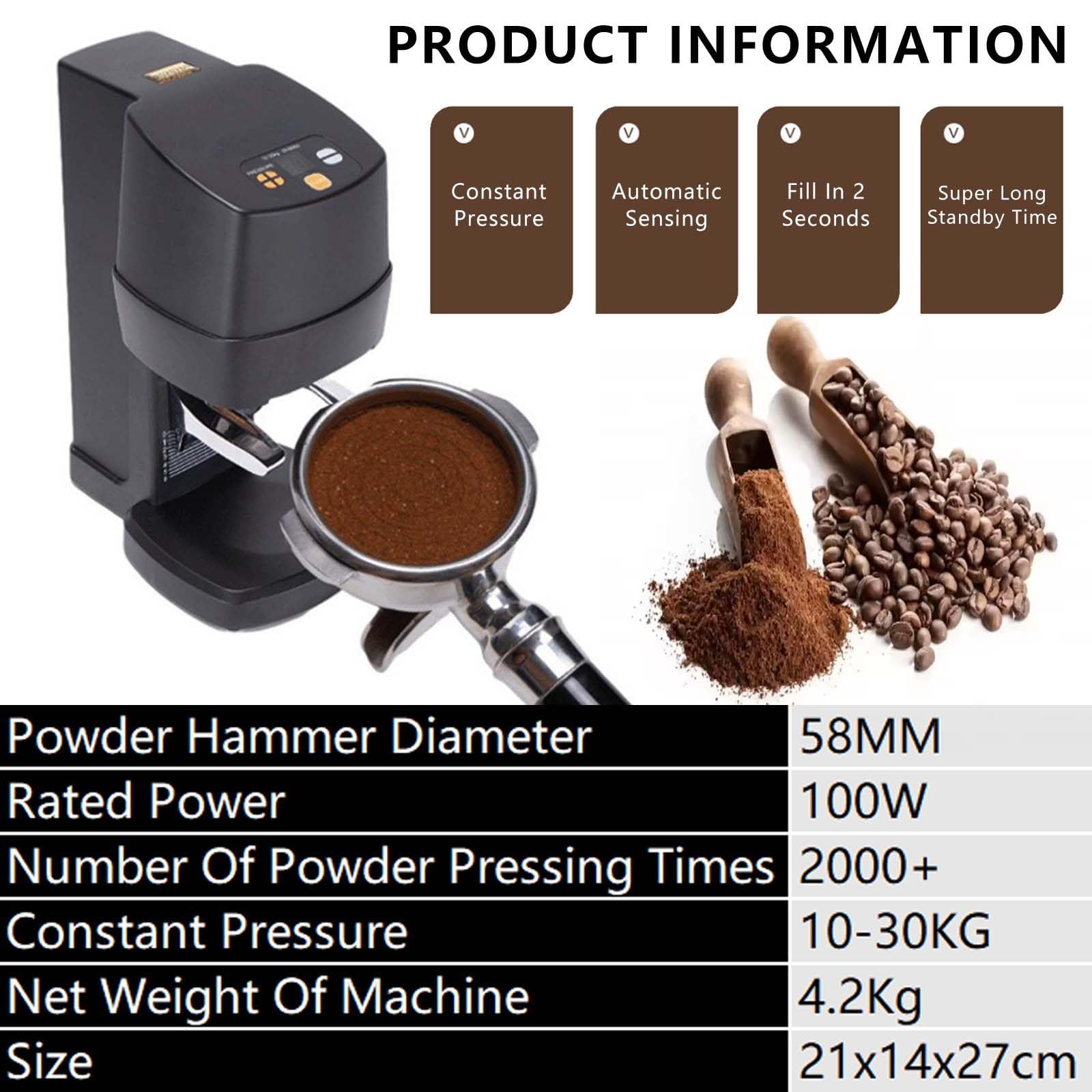 vnmudzeo 58 mm Professional Coffee Tamper,Stand Height Adjusted,Rechargeable Coffee P0wder Pressing Machine,for Cafe Dining,ThreadedBlack