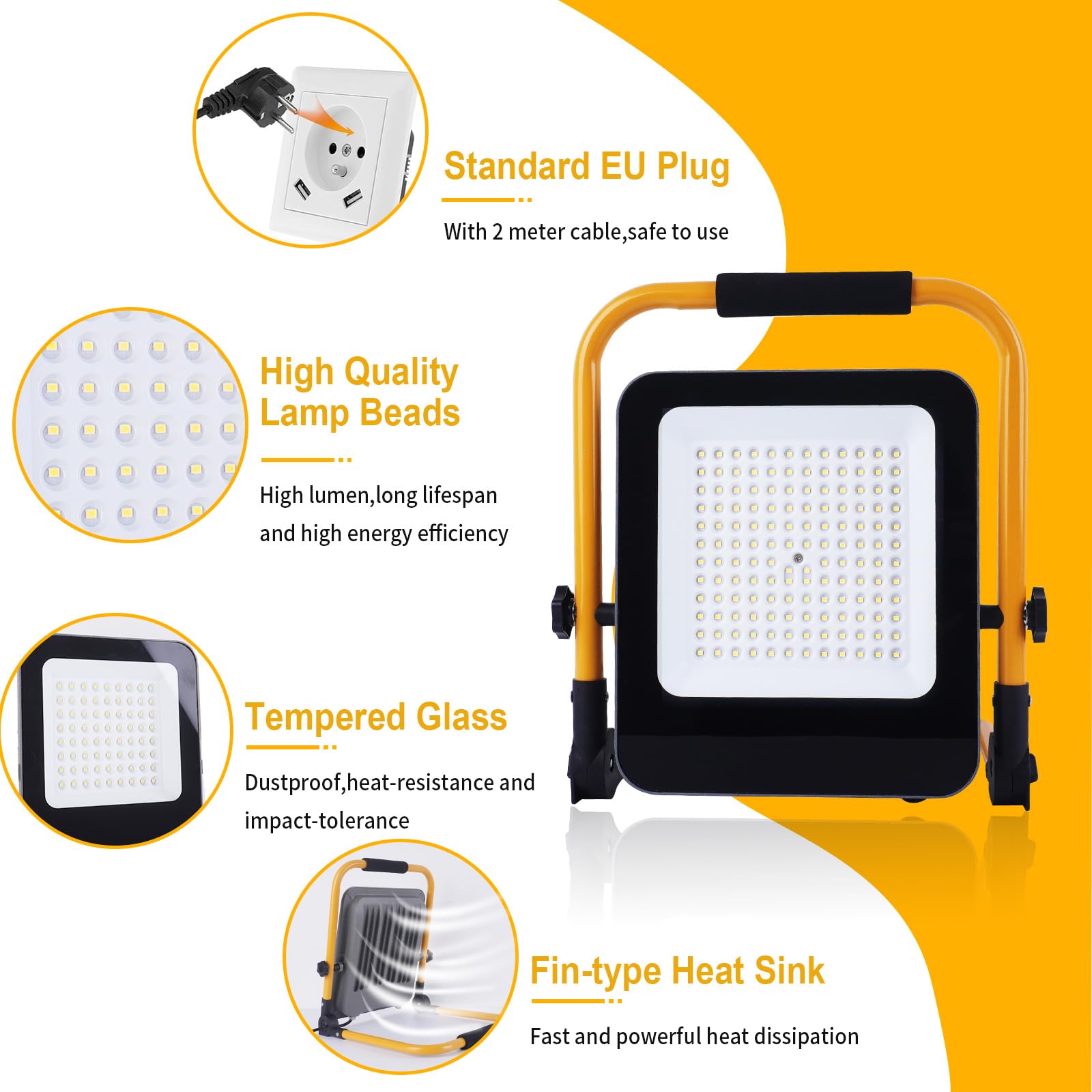 LED Baustrahler 100W,10000LM LED Strahler Arbeitsleuchte mit Ständer/2m Kabel/EU Stecker/Kaltweiß Baulampe Flutlicht,IP66 Wasserdicht Werkstattlampe Arbeitsscheinwerfer für Garage,Keller-6pcs