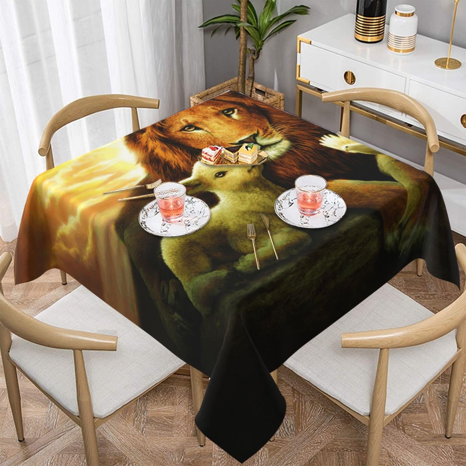 DCEHGEW Sunset Lion Lamb Bird Prints Square Tablecloth 152x152 CM, Waterproof Fabric Table Cloth for Dining Table, Farmhouse Table Cover for Kitchen Dining Tabletop Decoration
