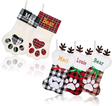 Ulico Personalized Stockings Pets, Custom Christmas Stocking for Dogs Cats, Embroidered Large Pet Paw or Bone Shape Xmas Stockings, Christmas Decoration Fireplace Hang Stocking Family Holiday2 Pcs