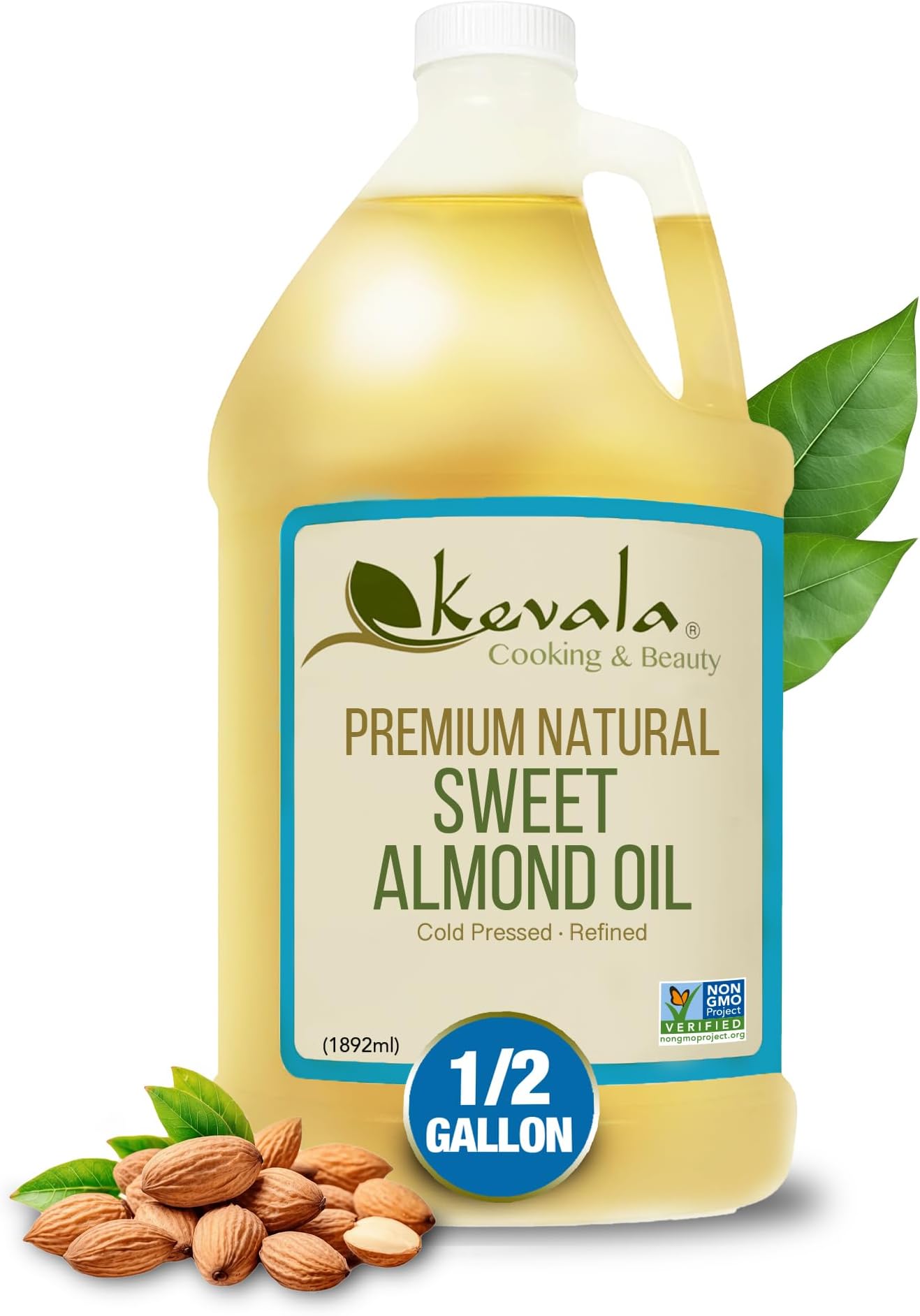 Kevala Sweet Almond Oil - Cold Pressed Almond Oil for Baking and Mixing with Essential Oils, With Mild Scent and Flavor, Nourishing and Rich in Vitamin E, Made with Selected Almonds, 64 oz, 1/2 gal
