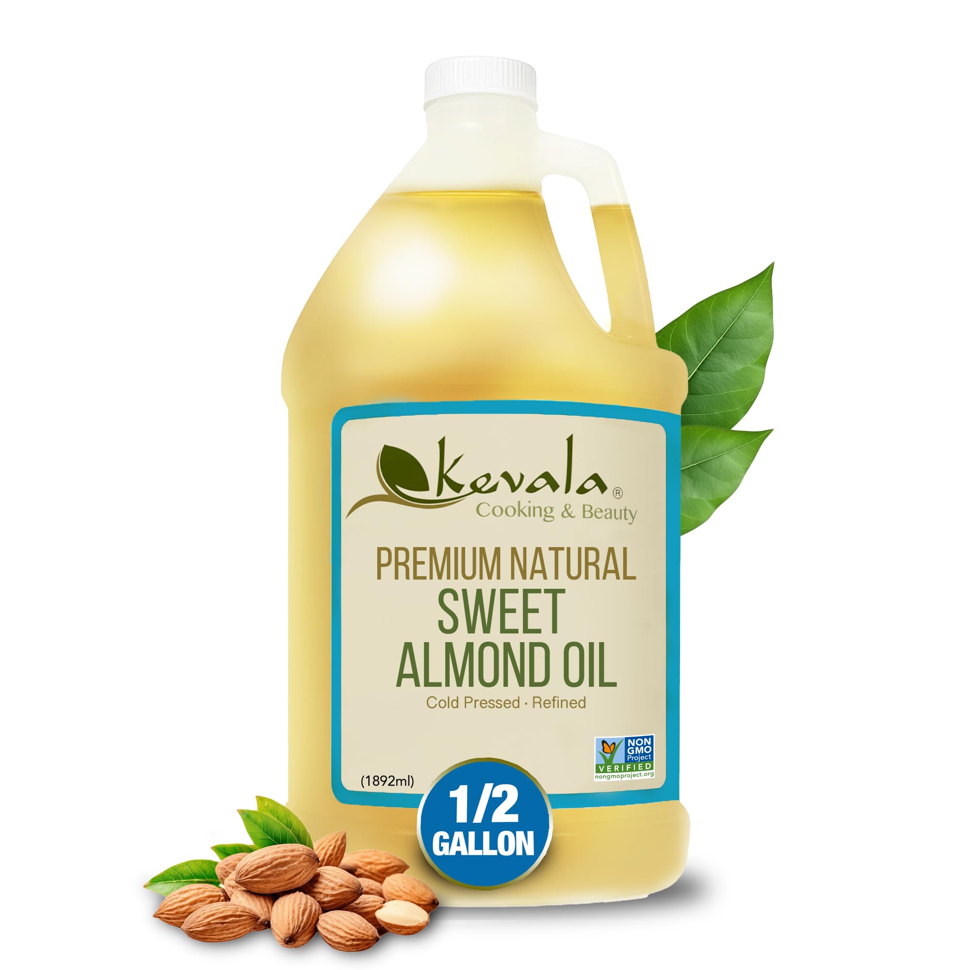 Kevala Sweet Almond Oil - Cold Pressed Almond Oil for Baking and Beauty Uses, With Mild Nutty Scent and Flavor, Nourishing and Rich in Vitamin E, Made with Carefully Selected Almonds, 64 oz, 1/2 gal