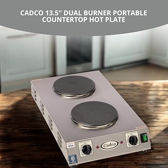 Cadco CDR-2CFB Portable Double Cast Iron Space Saver Hot Plate, Stainless Steel, 120v, For Commercial Use, 20 lbs, Heat Control, Electric Cooktop