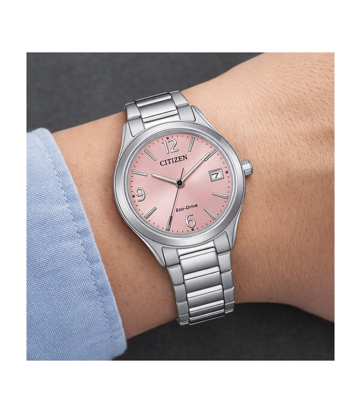 Citizen Eco-Drive Damenuhr Edelstahl, Rosa, 33.5 mm, FE6121-67X | Analog Quartz | Kristallglas | 5 bar Wasserdicht | 240 Tage Gangreserve | Datum | Edelstahlband