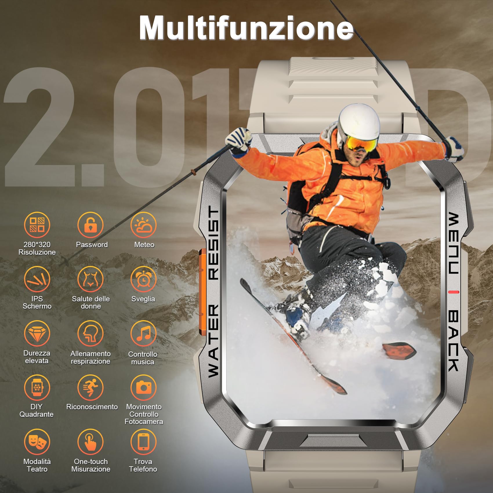 Militare SmartWatch Uomo(Rispondi/Effettua Chiamate), Fitness Tracker con Torcia/Bussola/900mAh Batteria /24H Cardiofrequenzimetro/Sonno/ SpO2/100+ Modalità Sport per Android IOS (2 Cinturini)