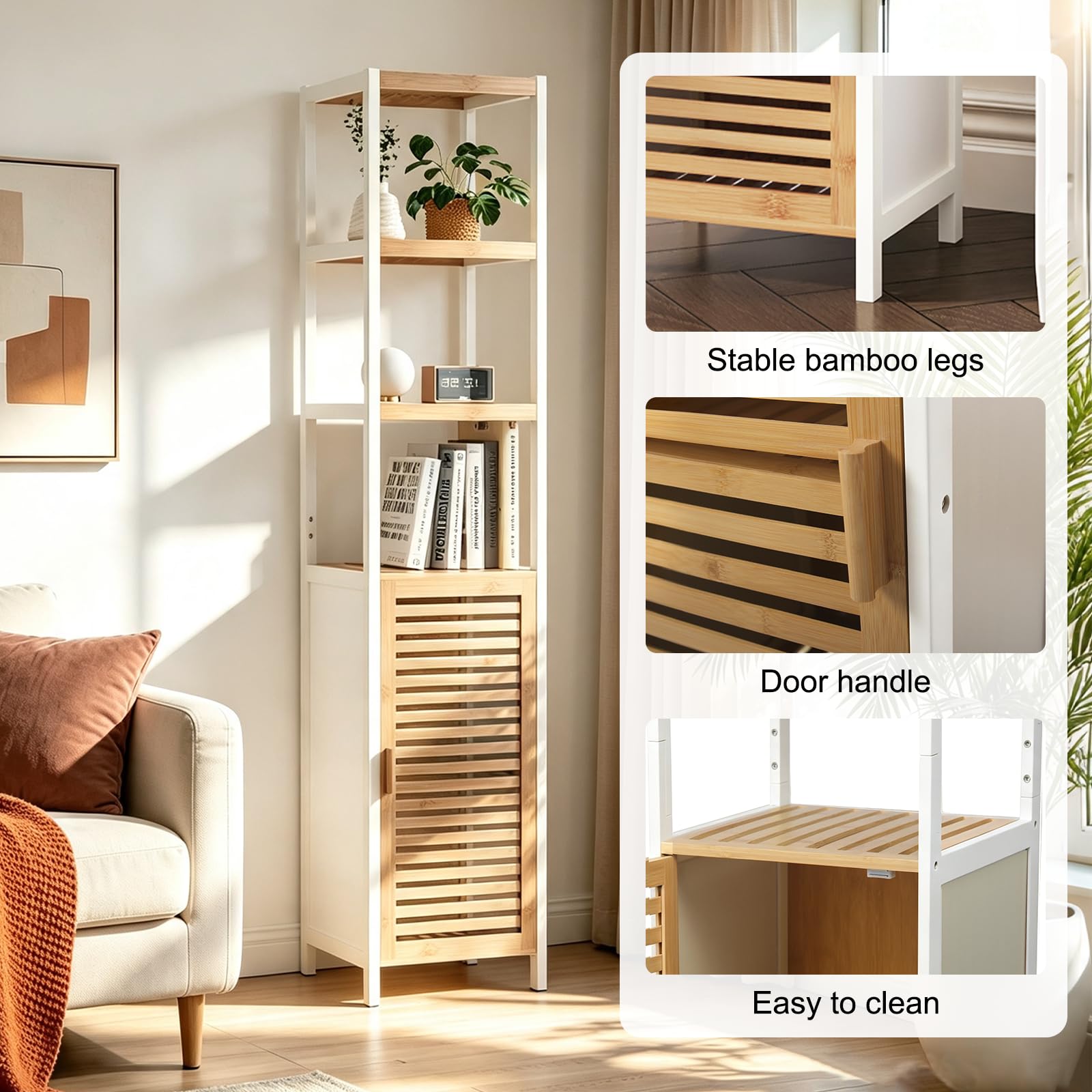 Étagère en Bambou Salle de Bain, Meuble de Rangement en Bambou avec 3 Compartiments Ouverts et Armoire, Aucun Perçage Requis, pour Salle de Bain, Salon, Cuisine, 33 x 33 x 165 cm