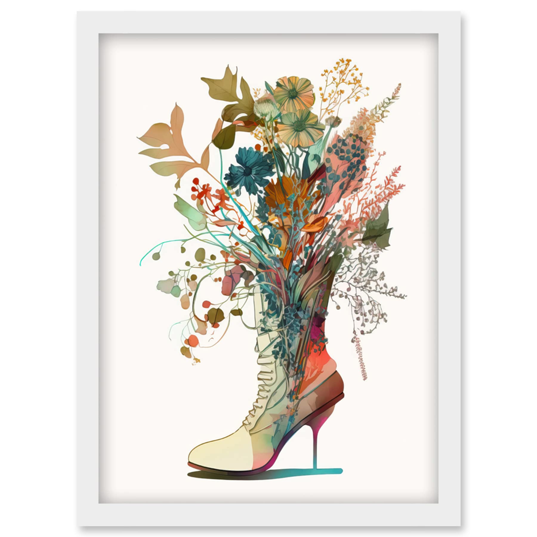 Artery8 Wildflower Bouquet in a Stiletto Heel Combat Boot Artwork Framed Wall Art Print A4