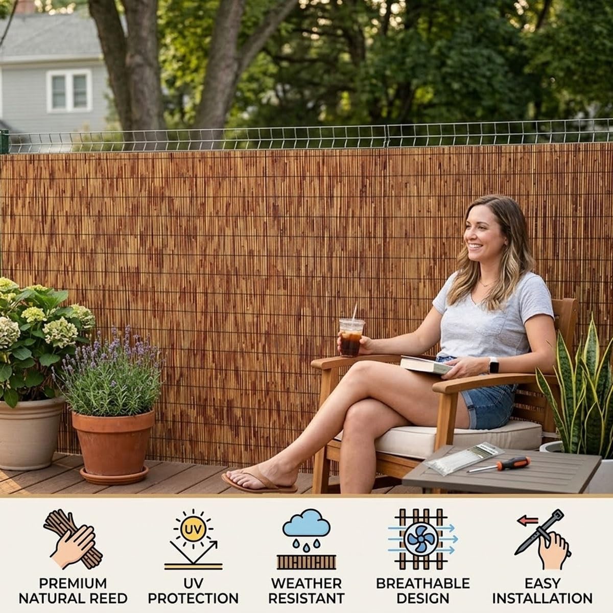 Rollo de Caña Natural para Ocultación de Balcón y Terraza, Valla de Caña Natural Exterior como Malla de Privacidad y Protector de Sombreo para Jardín, Patio y Piscina(61x823cm(2x27ft))