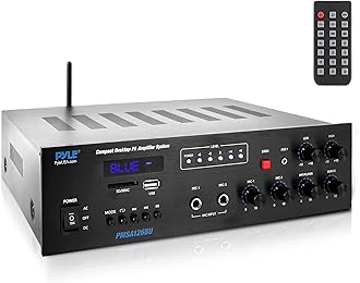 Pyle Public Address Amplifier - 500W Compact Digital Receiver w/ 70V 100V Output, Dual Mic Input, USB-A Input w/ MP3 Player, FM Radio, RCA | Home, Continuous Volume and Commercial | PMSA126BU