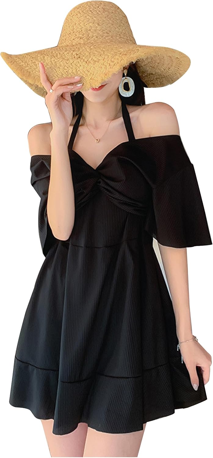 [Lalapala] 水着 レディース 体型カバー ワンピース 大きいサイズ 黒 セクシー ホルター 2way 着痩せ バスト 盛れる 韓国 軽量 大人 ショーツ ワイヤー フレア ビーチ 露出控えめ おしゃれ 海 プール ママ水着 20 30 40代 女性用