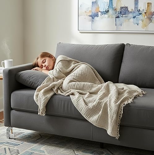 Miniatura 4 de Manta KyraHome de muselina 100 % orgánica para sofá, transpirable, súper suave, 100 % algodón, acogedora, ligera, cálida, suave, para todas las