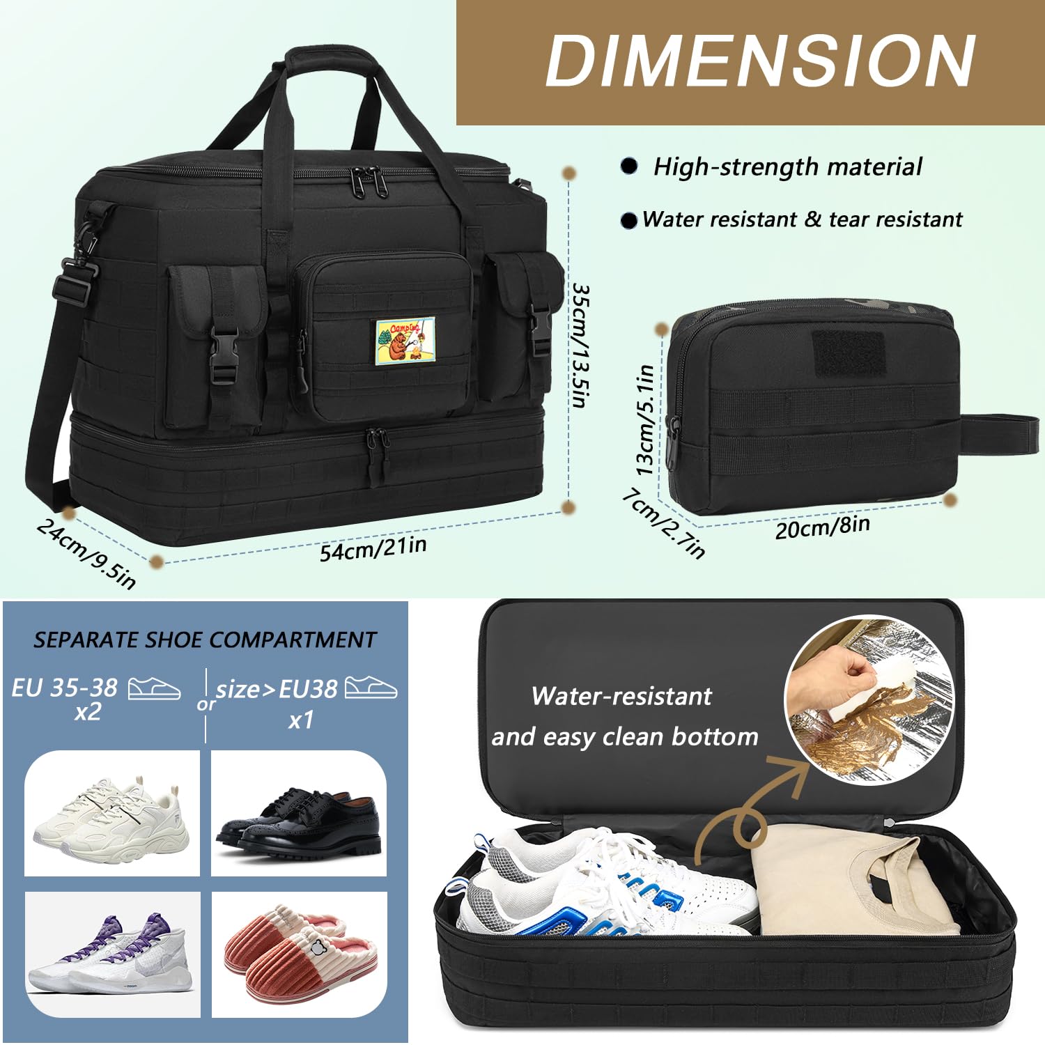 Borsone da viaggio da uomo da 50 l, borsa da palestra con set da toilette per fitness, weekender, campeggio