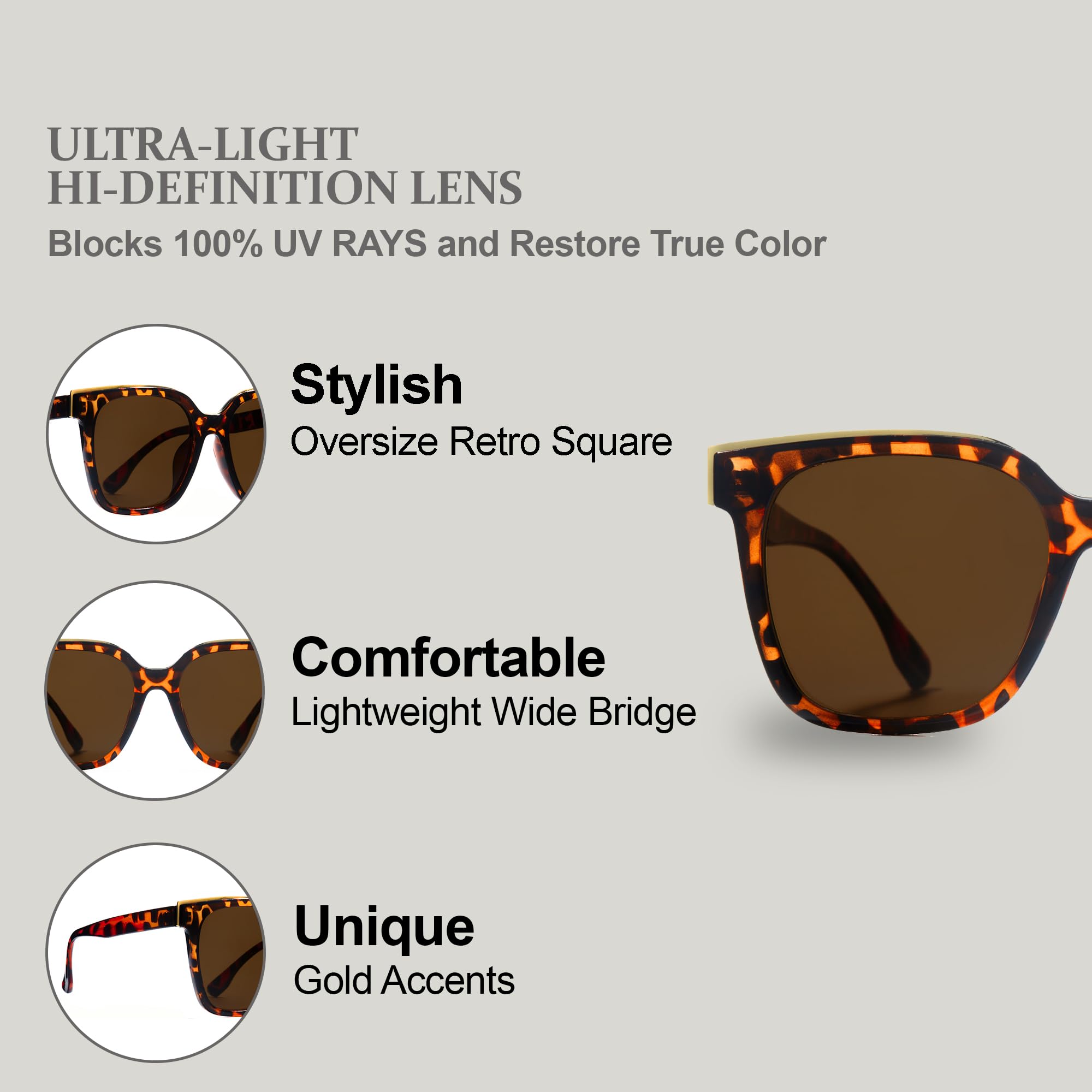 Women’s Oversized Square Tortoise Shell and Gold Accent Sunglasses Cosmo Large Oversized Square Womens Sunglasses by FREYRS Eyewear main image 2